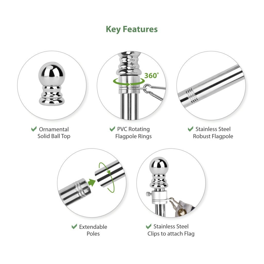 Rotating Flagpole Kit — Stainless Steel with Ball Top & Anti-Wrap Clips