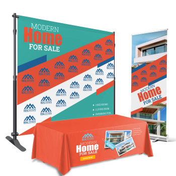 Buy trade show display kits – all‑in‑one branded booth setup with backdrop, table drape & retractable banner.